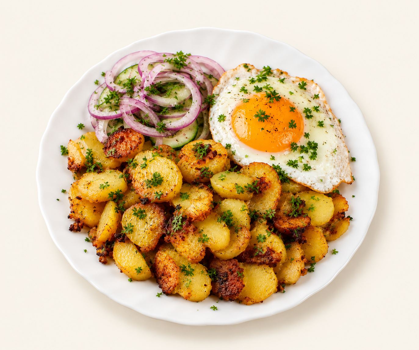 Bratkartoffeln mit Spiegelei und Gurke