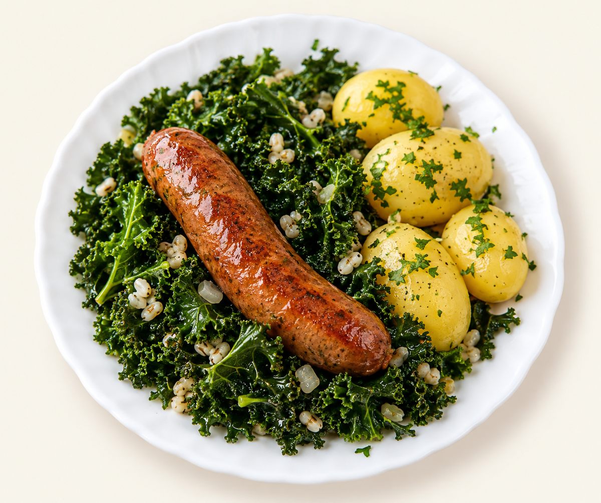 Grünkohl mit Pinkel, Kasseler, Kochwurst und Kartoffeln