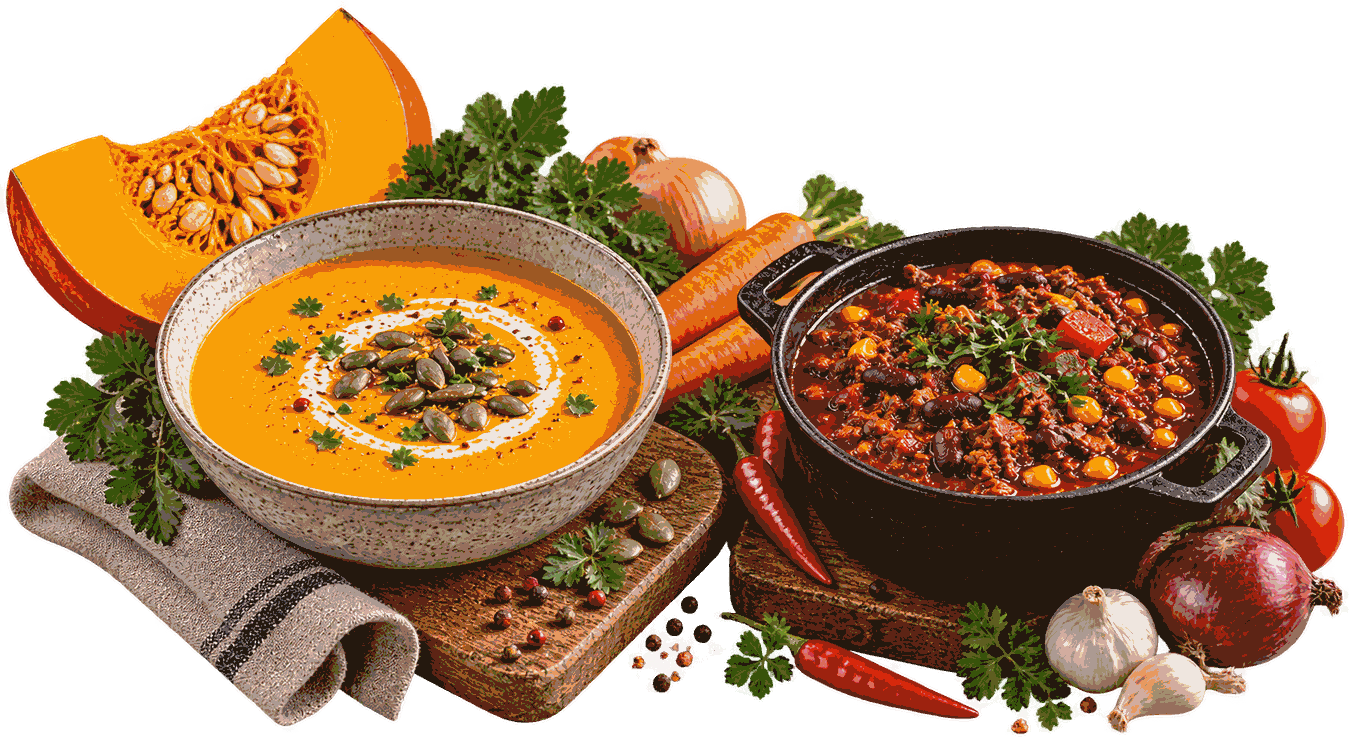 Kürbissuppe und Chili con Carne mit frischen Zutaten