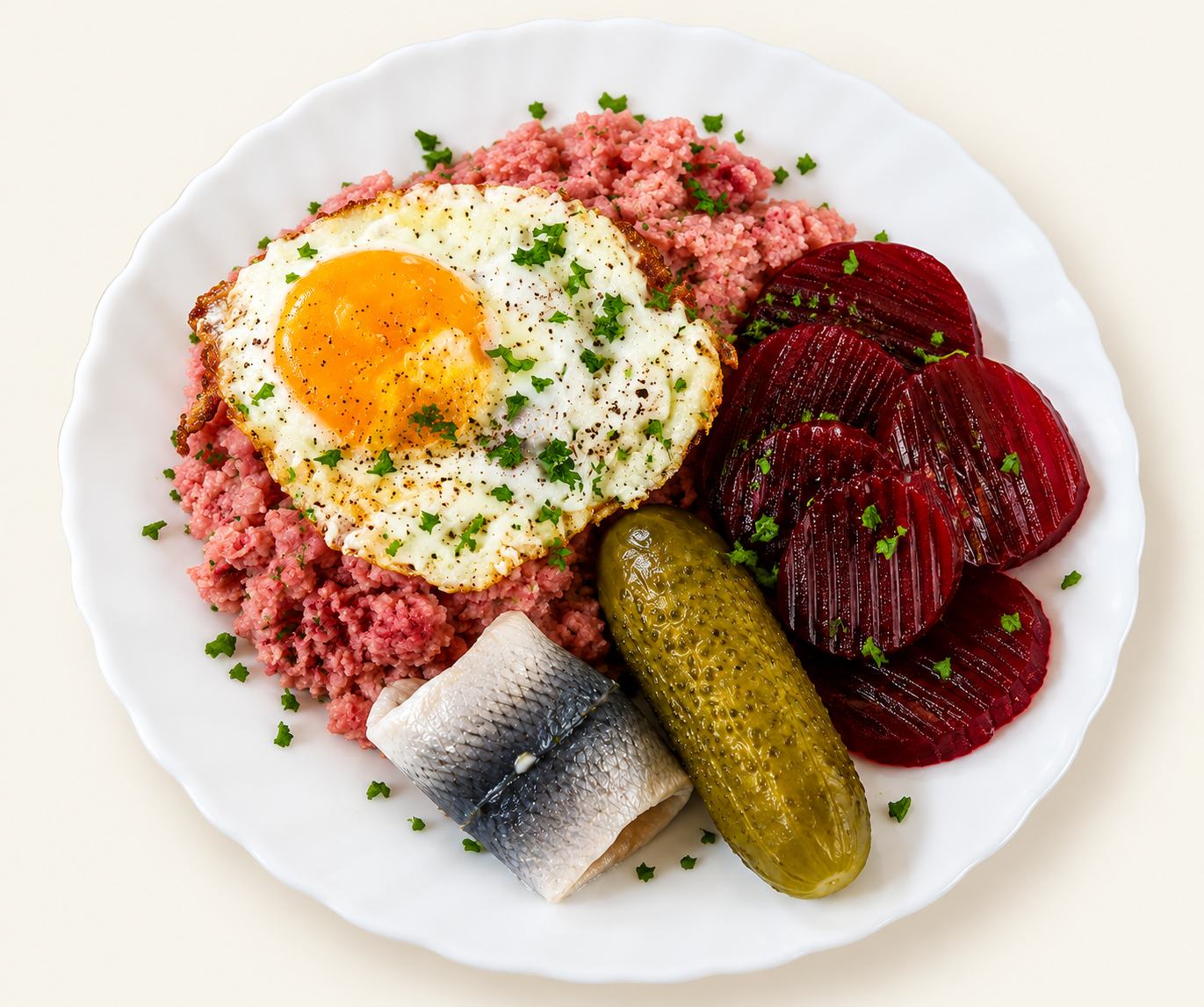 Labskaus mit Rollmops, Roter Bete, Gewürzgurke und Spiegelei