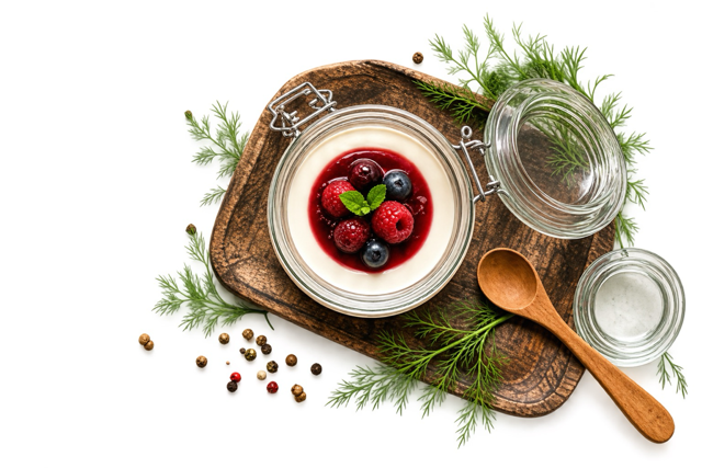 Panna Cotta mit Beeren, Dill und Pfeffer